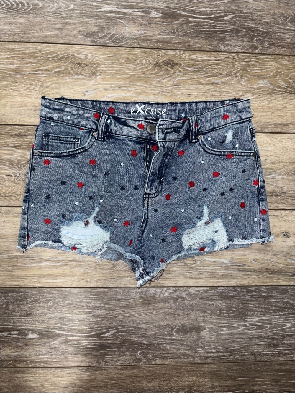 Gray Distressed Star Print Denim Shorts - Red & White Stars